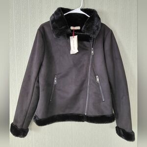 Nwt! SOLITARE Womens Medium Black Faux Fur Trim Jacket Warm Cozy Elegant